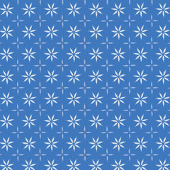 Small white flowers pattern doodle shapes motif continuous classic blue background. Modern floral fabric design textile swatch ladies dress, men's shirt all over print block.