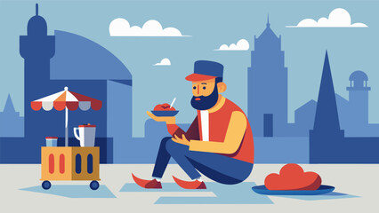 Fototapeta premium In a bustling city square a street performer takes a break to indulge in a tantalizing completo hot dog fueling up for their next show.. Vector illustration