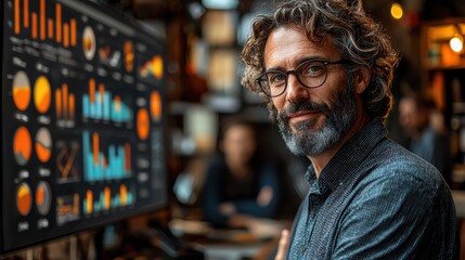 Obraz premium Focused bearded male professional examining detailed data analytics and charts on computer display in office setting deep in thought and research