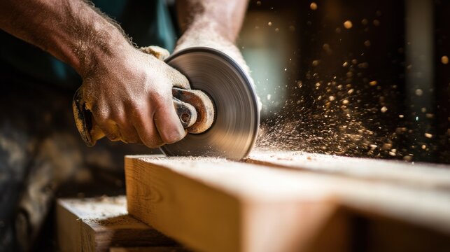 A carpenter cutting wooden planks at a construction site. Featuring precision and craftsmanship
