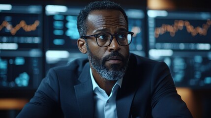 Obraz premium Serious and Focused Corporate Executive or Financial Analyst Closely Examining Charts Graphs and Data Displayed on Multiple Screens in a Dimly Lit Office Environment