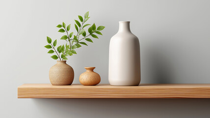 Hardwood Shelf with Plant and Ceramic Vase: Still Life