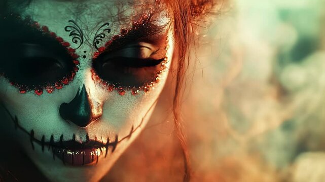 Close up of a young woman with dramatic face paint, gothic style makeup, and spooky Halloween costume theme party