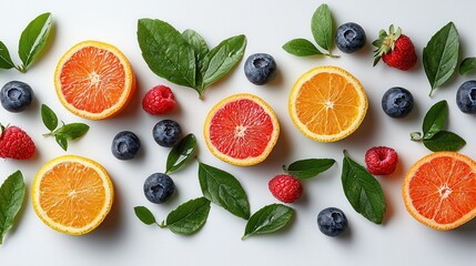 Naklejka premium Assorted Fresh Fruits and Berries on Wooden Background Flat Lay Composition with Oranges Grapefruits Blueberries Strawberries and Green Leaves