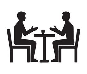 Simple vector icon of two people sitting at a table. Silhouette conversation business or coffee table talk illustration.