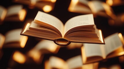 Fototapeta premium Books floating in the air in a literature and reading concept. An open book illuminated against a dark backdrop, symbolizing knowledge.