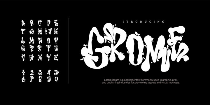 Grome font Chrome Y2K font. Liquid metal alphabet, melted steel letters and funky numbers. Splash flux typeface vector set. experimental display typeface. Heavy stroke, fun character with a bit .
