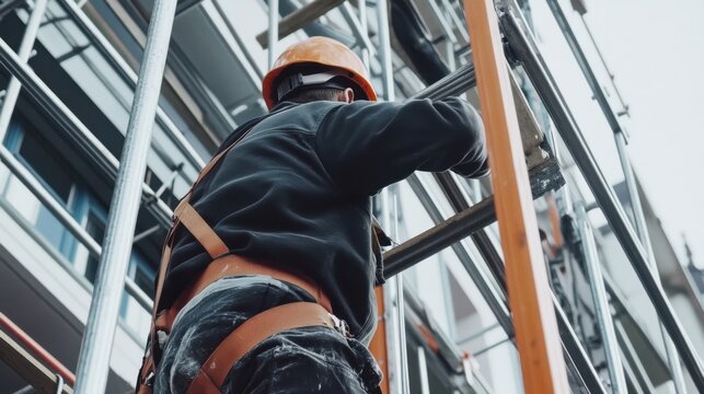 Construction worker setting up scaffolding for building exterior work. Featuring teamwork and safety