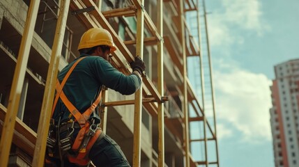 Fototapeta premium Construction worker setting up scaffolding for building exterior. Featuring teamwork and safety