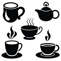 Obraz premium Monochrome Silhouette Teapot and Coffee Cups with Hot Steam on Transparent