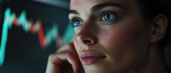 Focused woman analyzing data trends on a digital screen, conveying concentration and determination in a corporate environment.