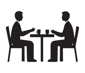 Simple vector icon of two people sitting at a table. Silhouette conversation business or coffee table talk illustration.