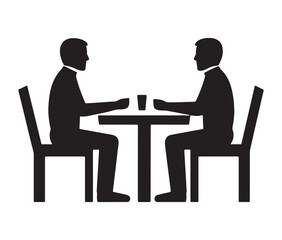 Simple vector icon of two people sitting at a table. Silhouette conversation business or coffee table talk illustration.