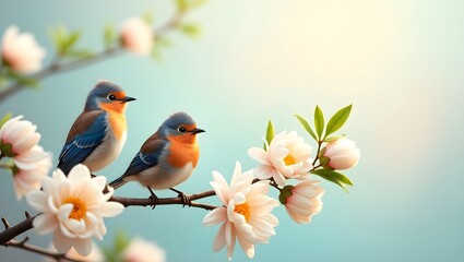 Obraz premium Two robin birds perched on flowering branch spring blossom nature photography wallpaper background image