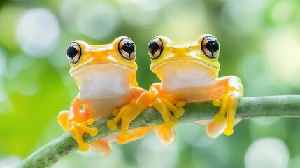 Two tiny bright yellow frogs on a branch