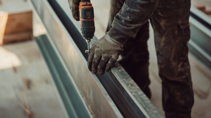 Fototapeta premium Construction worker using a power drill on a steel beam. Featuring skill and focus