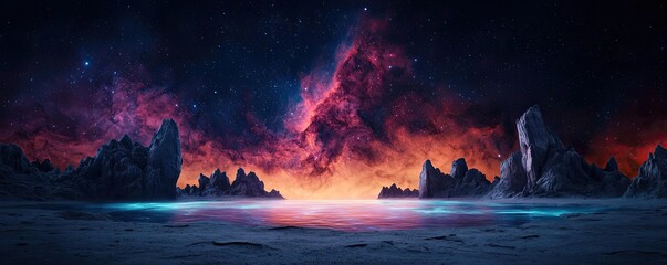 Naklejka premium Landscape of alien planet inside a universe and fiction cosmos concept. Stunning cosmic landscape with vibrant colors and rocky formations.