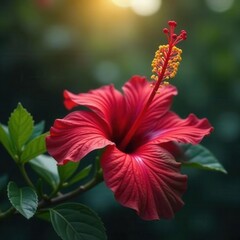 Deep crimson hibiscus bud unfolding, revealing stamen, intense, wallpaper
