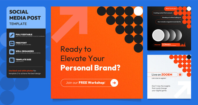 Business Webinar Social Media post template. Modern banner with abstract background and geometric design elements. Vector design with place for the photo. Suitable for social media