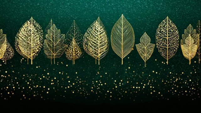 Elegant gold foliage on green background with gold bokeh dots, upscale botanical illustration, luxury holiday design