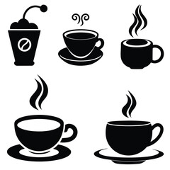 Obraz premium Steaming Black Coffee Cup Set with Saucer and Drink Cup Isolated on White