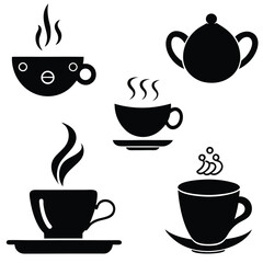 Obraz premium Tea Set Black Silhouette with Steaming Cups Isolated on Transparent Background