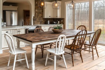 Fototapeta premium Farmhouse-style dining table with white legs and dark wood top, set in an open kitchen with spindled chairs and built-in appliances.