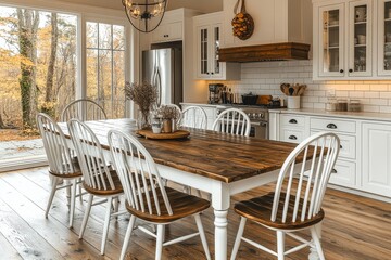 Farmhouse-style dining table with white legs and dark wood top, set in an open kitchen with spindled chairs and built-in appliances.
