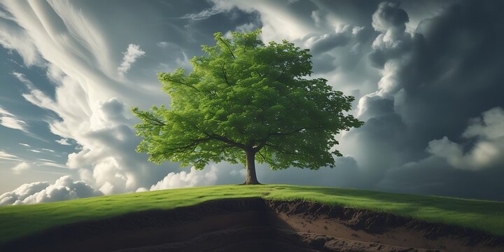 Majestic lone tree stands atop a grassy hill with dramatic storm clouds swirling above, capturing a powerful moment in nature that evokes resilience, peace, and environmental strength.
