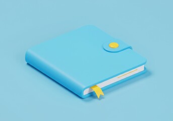 A light blue notebook with a yellow bookmark and button on a light blue background studio shot