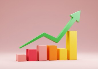 Colorful bar graph with a green arrow pointing upwards on a pink colored background image