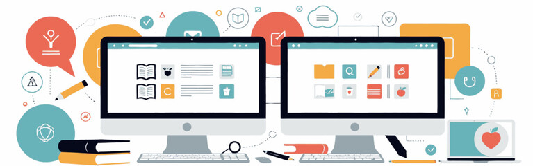 Two_monitors_displaying_icons_and_text_surrounded_by_colorful_shapes_with_education-themed_objects_like_books_pencils_and_a_laptop_with_an_apple_heart_logo
