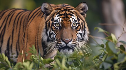 Alert tiger in a lush jungle environment