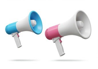 Two megaphone illustrations in blue and pink on a white background with shadows below them