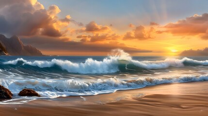 Obraz premium Dramatic ocean waves at sunset on a coastal beach