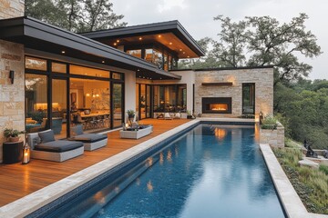 Obraz premium Modern farmhouse-style home in Texas Hill Country with infinity pool, outdoor furniture, and beautiful landscaping.