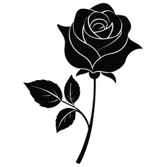 Black Rose Floral Silhouette Design With Stem and Leaves on White Background