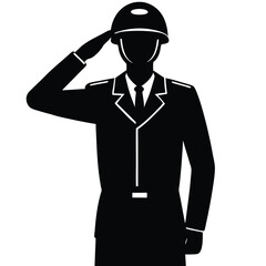 Black silhouette army officer wearing helmet saluting on a transparent background
