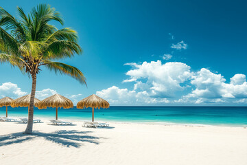 Obraz premium Tropical Beach Scene With Palm Trees And Umbrellas