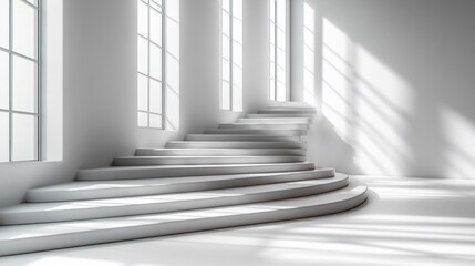 Obraz premium White spiral staircase in a sunlit minimalist interior.