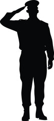 Fototapeta premium Black Silhouette of Military Man in Uniform Saluting with Hat on White Background