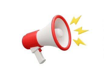 A red and white megaphone with three yellow lightning bolts on a plain white background studio shot