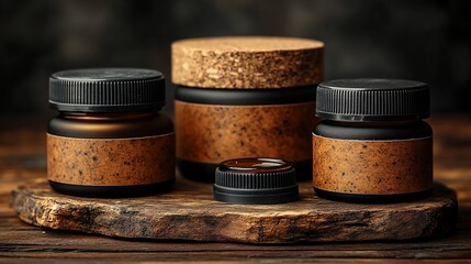 Amber glass jars with cork lids on wooden board.