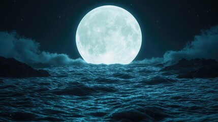 Landscape of alien planet under surreal moon and atmosphere concept. A serene night scene featuring a full moon over calm waters.