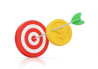 Arrow hitting target and coin with dollar sign representing financial success and investment