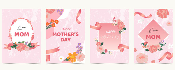 Pink mother’s day background with carnations, leaf, daisy for a4 vertical design