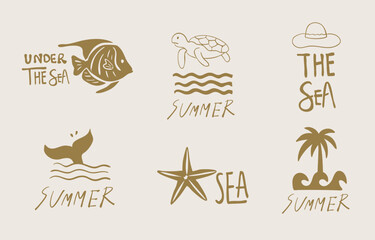 summer gold icon with shell,sea,wave,tree,fish tail for kid design