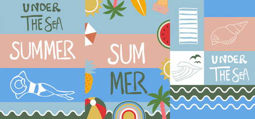 Summer geometric banner background with woman,watermelon.graphic for horizontal design