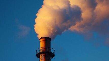 Close up of a steam engines smokestack releasing thick white steam against a deep blue evening sky