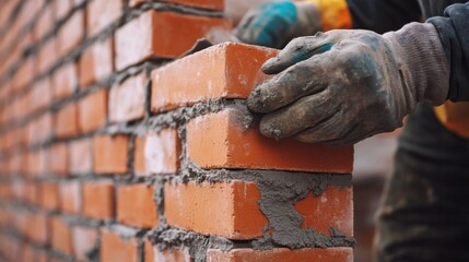 A construction worker aligning bricks for a brick wall. Featuring focus and craftsmanship
